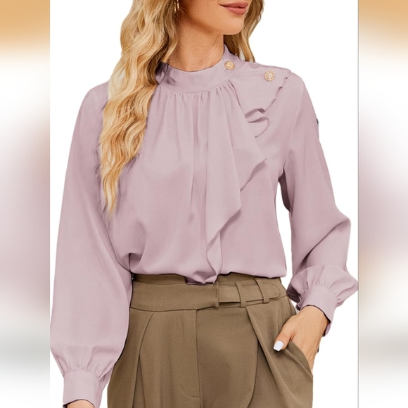 Jasambac Tops - 🔥High-Neck Ruffle Button Blouse - Dusty Mauve